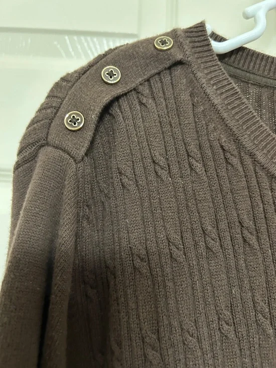 Kim Rogers Chocolate Brown Cotton Cable Knit Button Shoulder Crewneck Sweater L - Picture 3 of 15